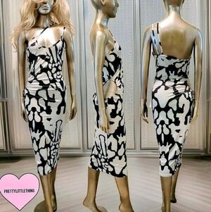 NWT PLT Monochrome Abstract Print Slinky Ruched Cut Out Midi Dress Sz 8
